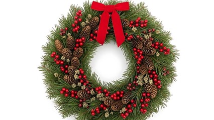 Traditional Christmas wreath made of artificial pine branches, decorated with red berries, pinecones, and a vibrant red velvet bow, isolated on a white background.
