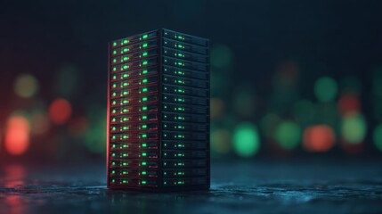 A futuristic server tower with illuminated lights against a blurred background, symbolizing advanced technology and data storage capabilities.