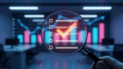 Magnifying glass highlighting checklist checkmark in office