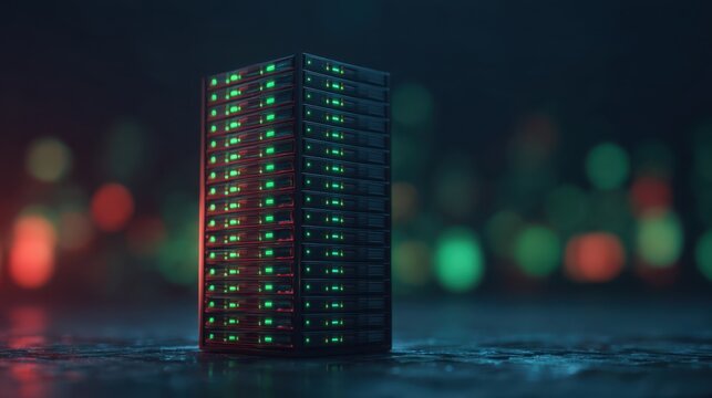 A futuristic server tower with illuminated lights against a blurred background, symbolizing advanced technology and data storage capabilities.
