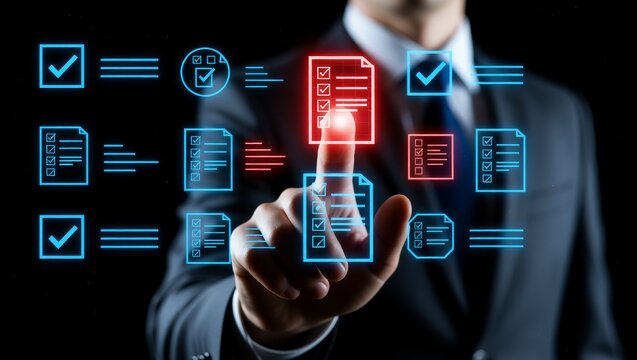 Business hand interacting with digital checklists