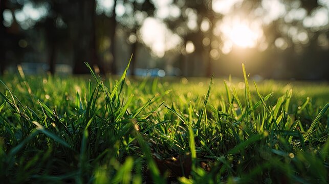 Golden sunlight illuminating lush green grass, perfect for nature blogs or idyllic outdoor scenes, bringing peace and tranquility to any project