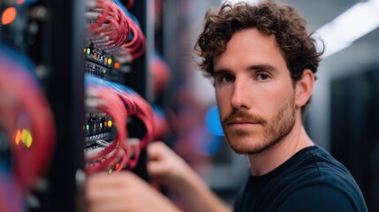 A focused technician works on a server, surrounded by colorful cables, showcasing the technology behind data management.