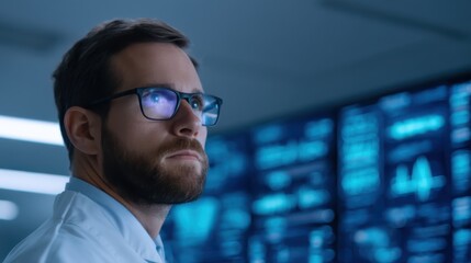 A focused man in glasses stands in front of screens displaying data, suggesting a high-tech environment, possibly in healthcare or research.