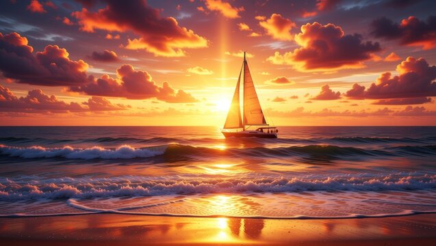 Sailboat sailing at sunset on ocean waves