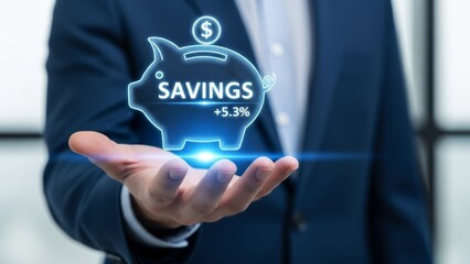 Man in Suit Extending Hand to Support Holographic Piggy Bank Icon
