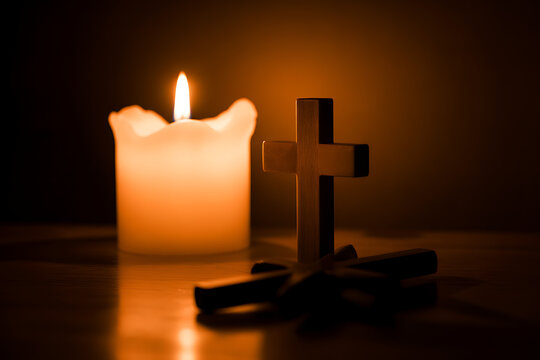 Candlelight illuminates wooden crosses creating warmth and peace, invoking faith and remembrance in a spiritual moment, perfect for religious themes