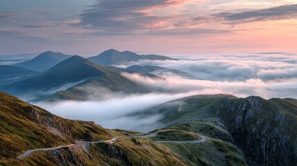 Breathtaking mountain vista with winding road and dreamy clouds, ideal for travel blogs, adventure themes, and inspiring landscape designs, serene and peaceful