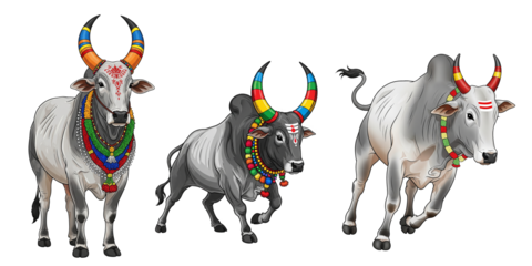 Set of Three Grey Zebu Bulls Vector Illustrations, Decorated for Mattu Pongal Festival with Brightly Colored Garlands, Tilaks, and Horn Stripes on a Transparent, Png Background