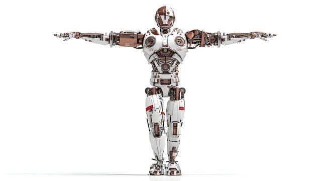 Advanced Humanoid Robot Standing in T-Pose on White Background.