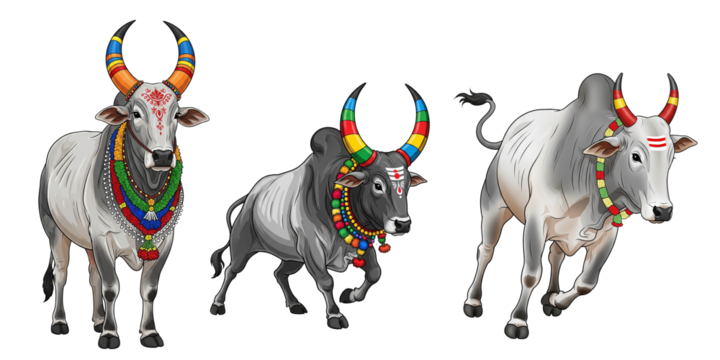 Set of Three Grey Zebu Bulls Vector Illustrations, Decorated for Mattu Pongal Festival with Brightly Colored Garlands, Tilaks, and Horn Stripes on a Transparent, Png Background