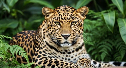 Obraz premium Majestic Leopard Resting Among Lush Green Tropical Foliage