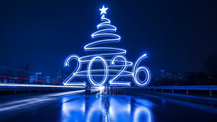 Vibrant blue light painting illuminates a festive Christmas tree and the upcoming year 2026, creating a magical New Year's celebration scene with dynamic urban light trails