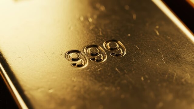 Gold bullion with 999 purity stamp. Precious metal for investment and financial security concept. Macro detail of shiny gold bar.
