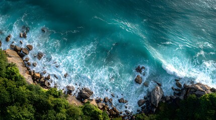 Aerial view of powerful ocean waves crashing against a rocky coastline with lush green vegetation.