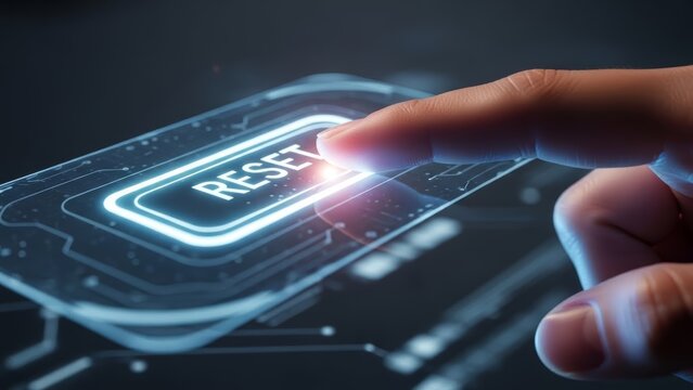 Close-Up of a Finger Pressing a RESET Button on a Holographic Interface