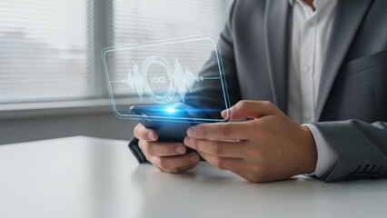 Man in Grey Suit Interacting with Futuristic Holographic Technology