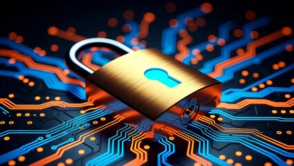 Golden padlock on glowing circuit board