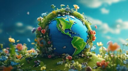 Vibrant Earth Embraced by Blooming Flowers and Lush Greenery.