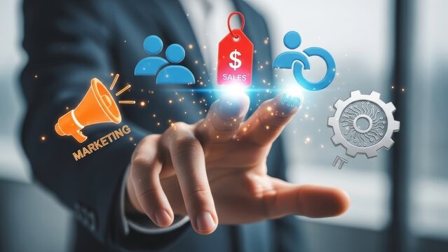 Business Interaction with Glowing Icons Representing Departments