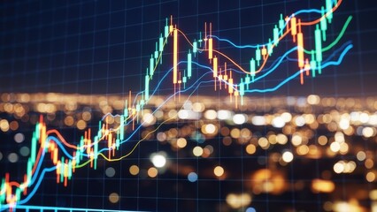Financial candlestick chart with lines and indicators showing stock market growth, investment analysis, and financial data over a blurred city background.
