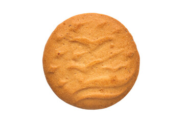 One round shortbread biscuit on a white background close-up. Biscuits isolated