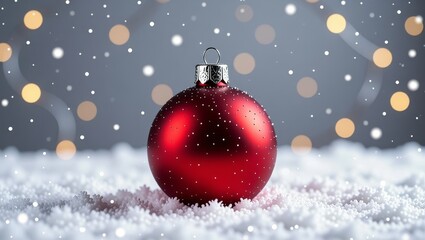 Red ornament on snow with Christmas lights
