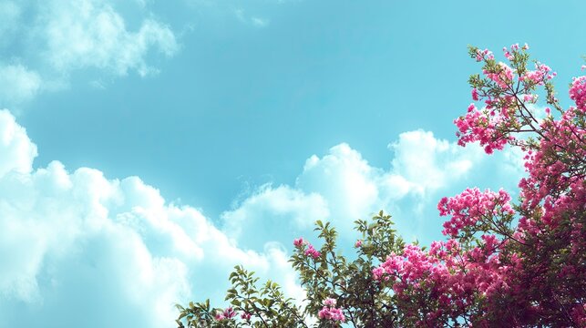 Dreamy pink blossoms reaching for a tranquil blue sky with fluffy clouds, perfect for spring designs, romantic backdrops, and serene nature scenes