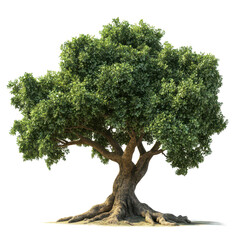 Majestic tree with lush green foliage and intricate roots, PNG, Isolated on transparent background.