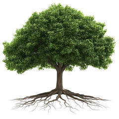 Radiant tree with green leaves and roots, PNG, Isolated on transparent background.