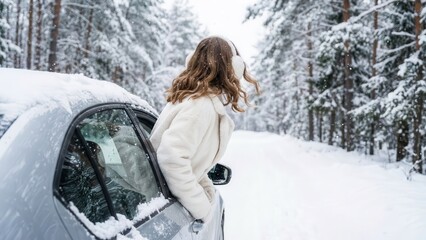 Woman leaning from car door in snowy winter forest
