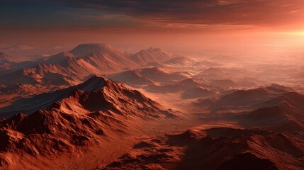 Naklejka premium A breathtaking sunset highlights a rugged terrain with brown and red hues. Distant mountains rise against the sky creating a dramatic view of natural beauty.