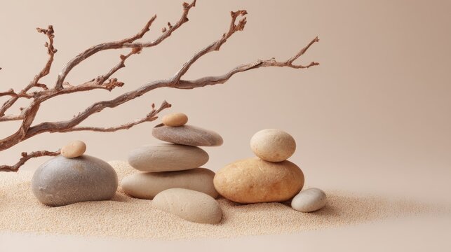 Smooth stones of various sizes are stacked harmoniously beside a branch on a sandy background. The scene exudes calmness in a minimalist style showcasing nature's beauty.