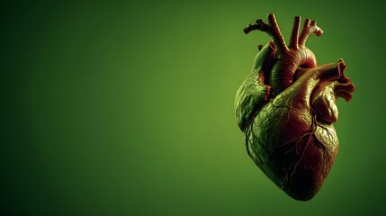 Anatomical human heart model floating against a vibrant green background, showcasing intricate details of the organs structure and form.