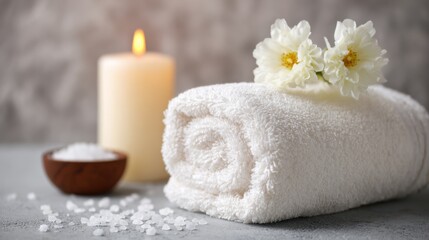 A serene spa setting features a neatly rolled towel accompanied by a candle fresh flowers and a bowl of salt creating a calming atmosphere for relaxation.