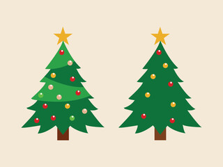Two festive Christmas tree vector illustrations with golden stars, colorful ornaments, and simple flat design style on a light background. Perfect for holiday cards, decorations, and seasonal graphic 