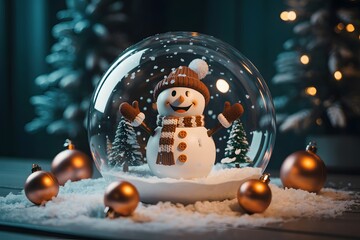 Festive snow globe with snowman and christmas tree decoration display