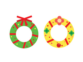 Flat Christmas wreath vector set featuring colorful holiday decorations, ribbons, berries, and floral elements. Festive minimalist design perfect for Christmas cards, invitations, seasonal branding, 