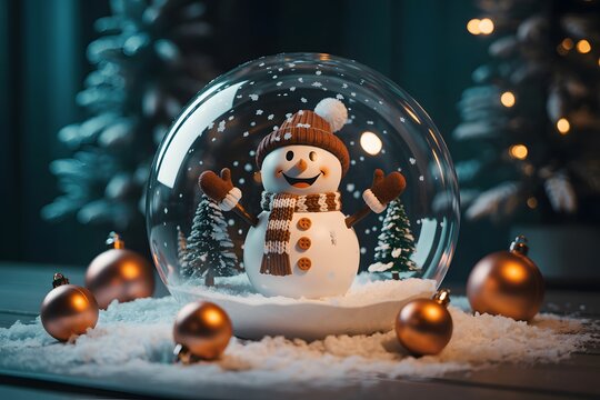 Festive snow globe with snowman and christmas tree decoration display