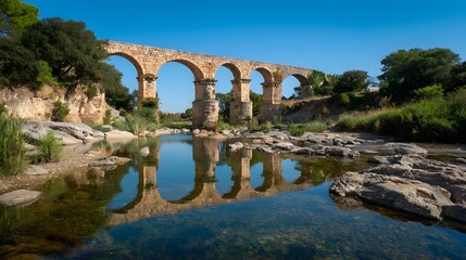 Fototapeta premium Ancient Roman Aqueduct Bridge Reflected in Serene River Under Clear Blue Sky.