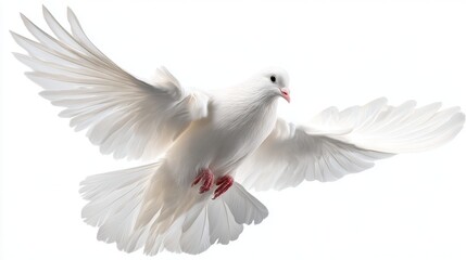 Obraz premium A white dove flies gracefully with its wings spread wide. The bright background highlights the bird's elegance and beauty in motion during daylight.