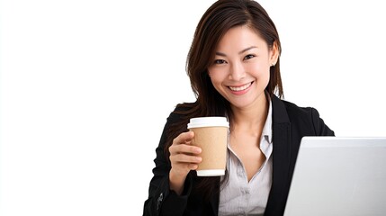 Cheerful young businesswoman with laptop, enjoying coffee break in office, a modern professional look ideal for corporate branding and motivational content