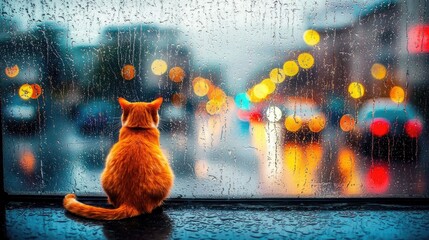 Cat observing rainy street window sill hyperrealistic photo urban environment captivating concept