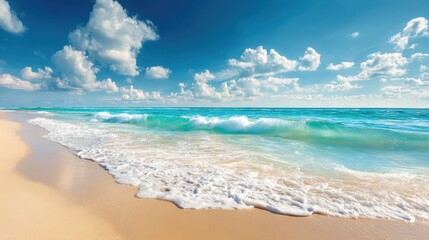 Fototapeta premium Soft waves roll onto a golden sandy beach creating a soothing sound. The bright sky is dotted with fluffy clouds reflecting a calm relaxing atmosphere in the midday sun.