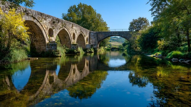 Ancient Stone Bridge Reflected in Serene River with Lush Greenery. - Powered by Adobe