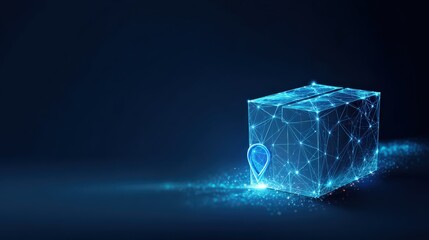 A captivating digital rendering showcases a glowing package with a location pin, its contours defined by interconnected lines and dots. ..Created with Generative AI, not depicting real subjects.