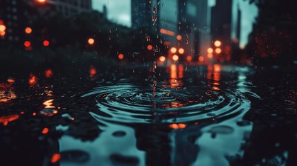 Hyperrealistic night skyline reflection urban city gigapixel photography water environment low angle dreamlike concept