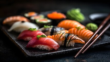 Assorted fresh sushi and sashimi platter with chopsticks on a dark background.