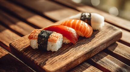 Assorted fresh sushi nigiri on a rustic wooden board, bathed in warm sunlight.