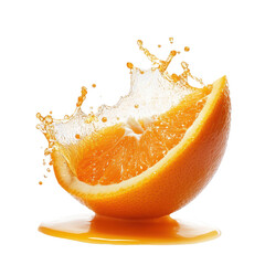 Fresh orange with juice splashing out, PNG, Isolated on transparent background.
